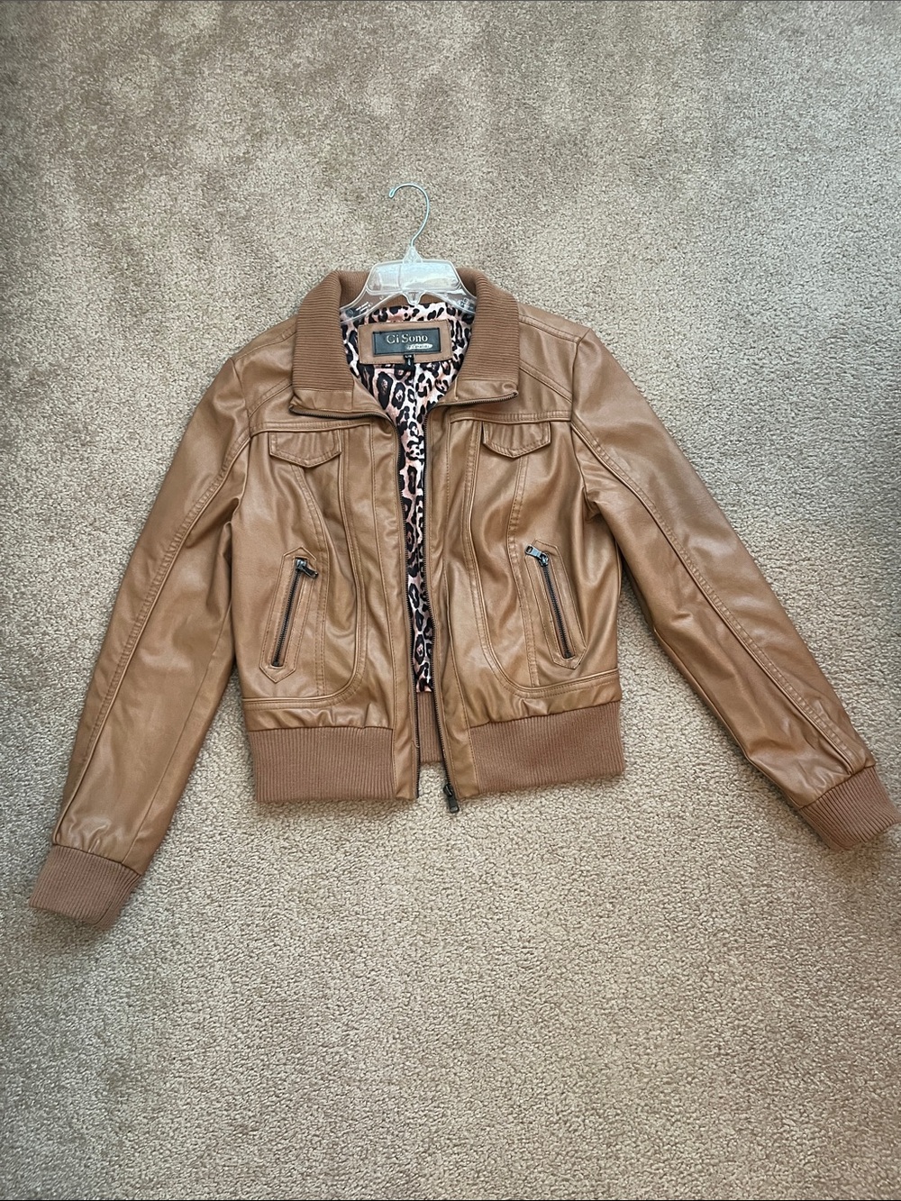 Ci Sono Women's Tan Faux Leather Bomber Jacket with Leopard Lining